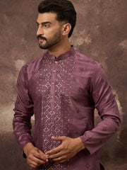 Ethnic Bay Men Mavue Silk Blend Solid Embroidered Straight Kurta with Trouser-MKSET1368