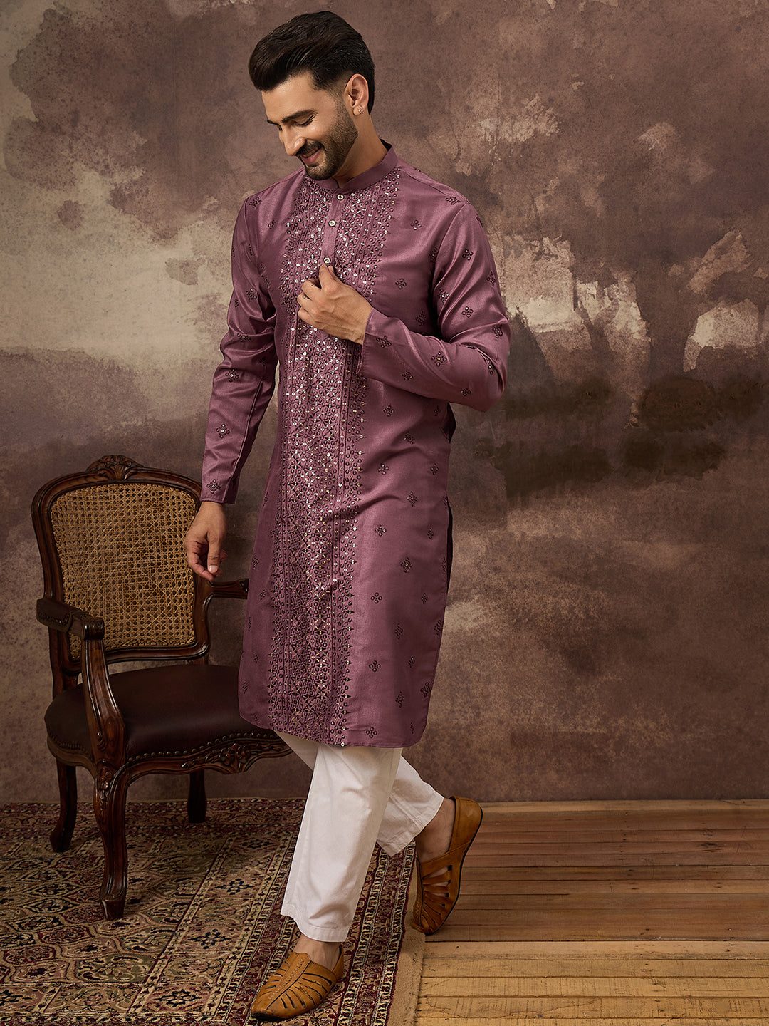 Ethnic Bay Men Mavue Silk Blend Solid Embroidered Straight Kurta with Trouser-MKSET1368