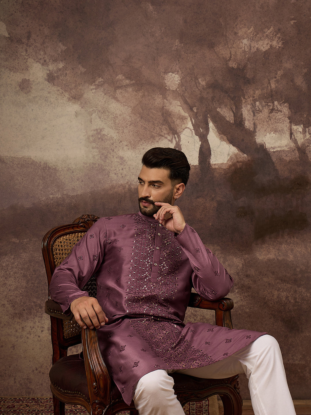 Ethnic Bay Men Mavue Silk Blend Solid Embroidered Straight Kurta with Trouser-MKSET1368