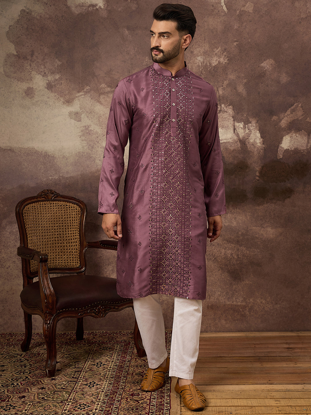 Ethnic Bay Men Mavue Silk Blend Solid Embroidered Straight Kurta with Trouser-MKSET1368