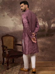 Ethnic Bay Men Mavue Silk Blend Solid Embroidered Straight Kurta with Trouser-MKSET1368