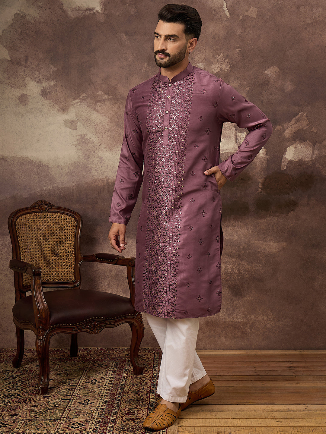 Ethnic Bay Men Mavue Silk Blend Solid Embroidered Straight Kurta with Trouser-MKSET1368