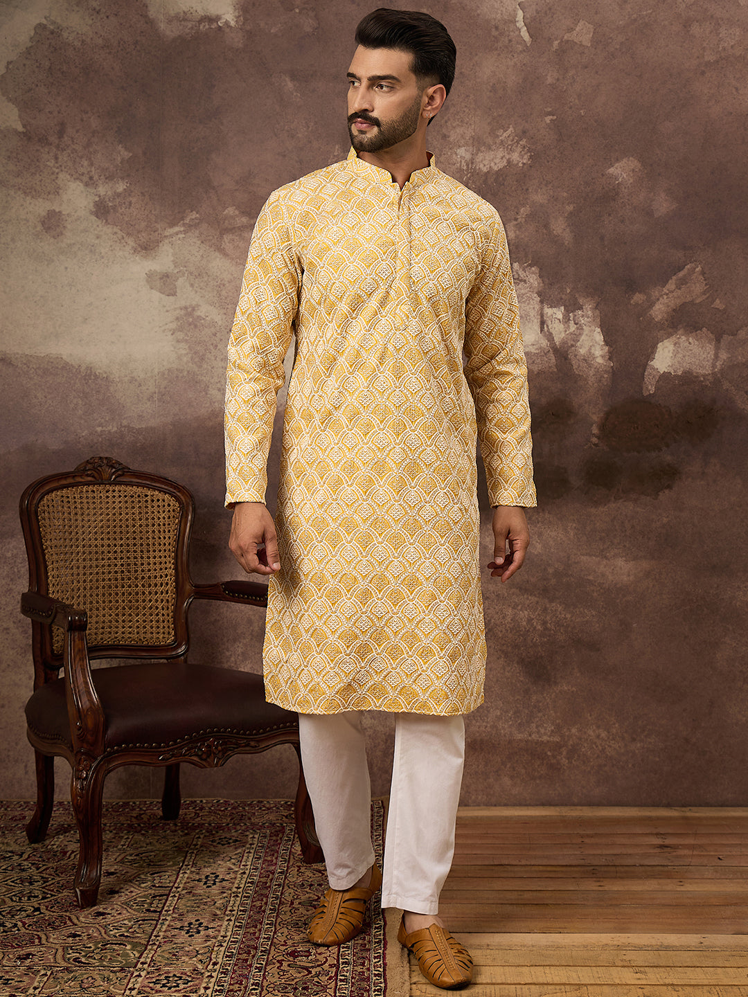 Ethnic Bay Men Yellow Viscose Rayon Solid Embroidered Straight Kurta with Trouser-MKSET1385