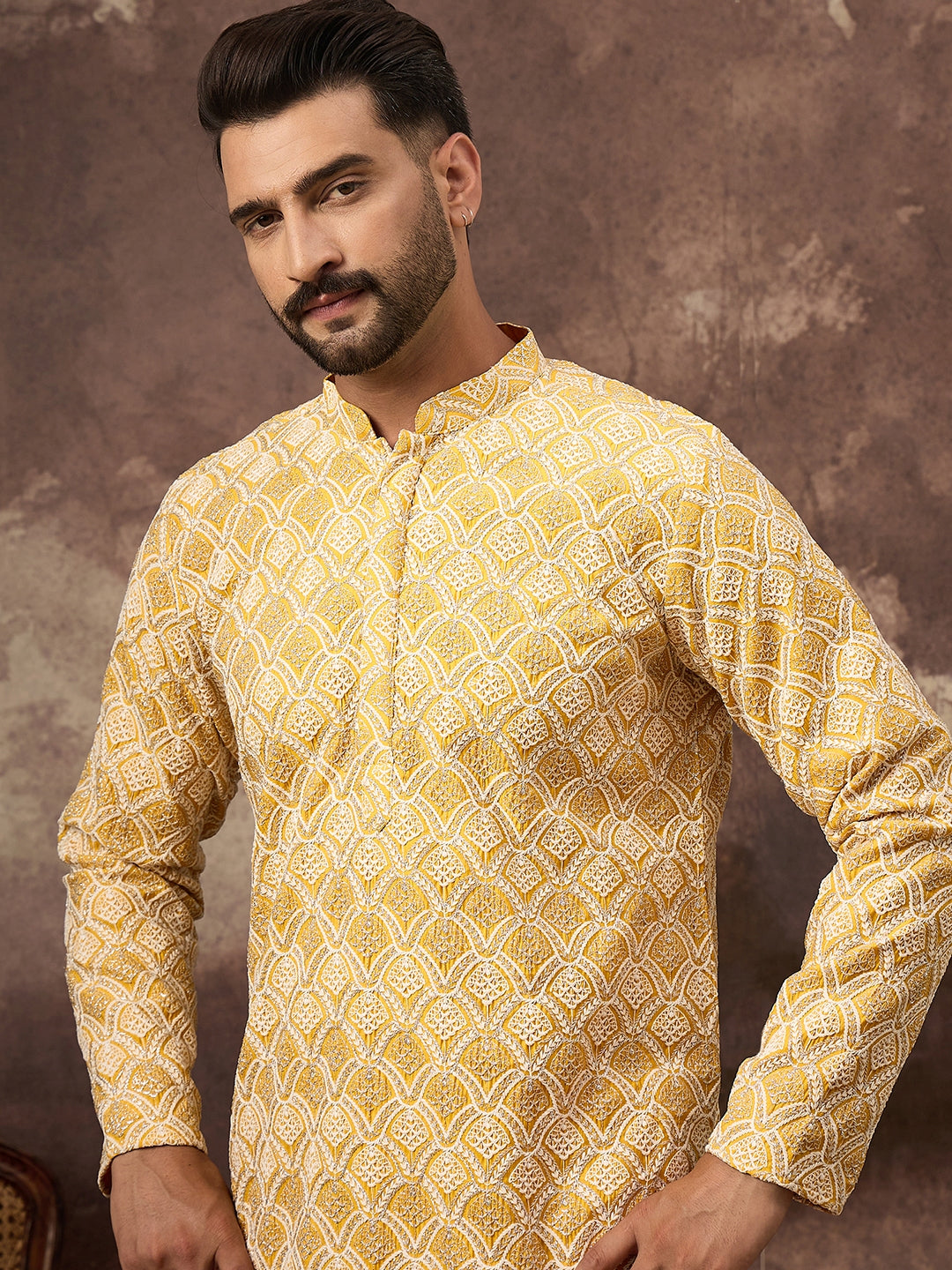 Ethnic Bay Men Yellow Viscose Rayon Solid Embroidered Straight Kurta with Trouser-MKSET1385