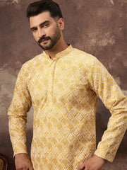 Ethnic Bay Men Yellow Viscose Rayon Solid Embroidered Straight Kurta with Trouser-MKSET1385