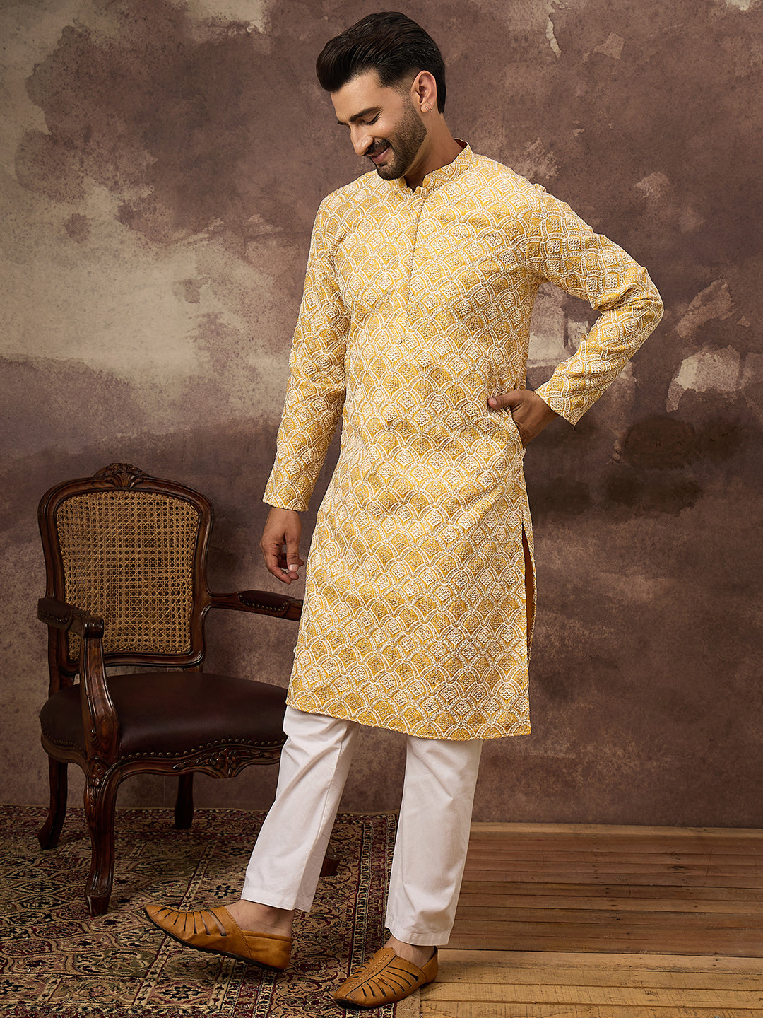 Ethnic Bay Men Yellow Viscose Rayon Solid Embroidered Straight Kurta with Trouser-MKSET1385