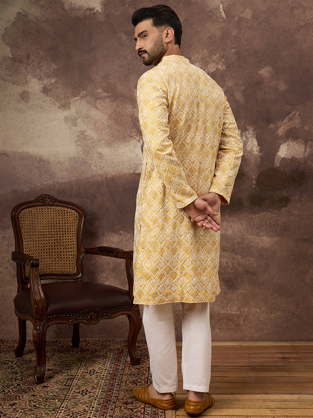 Ethnic Bay Men Yellow Viscose Rayon Solid Embroidered Straight Kurta with Trouser-MKSET1385