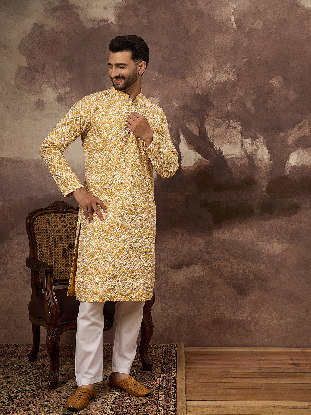 Ethnic Bay Men Yellow Viscose Rayon Solid Embroidered Straight Kurta with Trouser-MKSET1385
