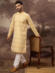 Ethnic Bay Men Yellow Viscose Rayon Solid Embroidered Straight Kurta with Trouser-MKSET1385