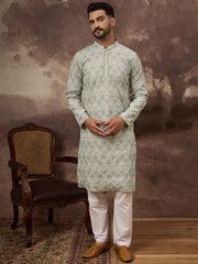 Ethnic Bay Men Green Viscose Rayon Solid Embroidered Straight Kurta with Trouser-MKSET1386