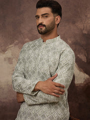Ethnic Bay Men Green Viscose Rayon Solid Embroidered Straight Kurta with Trouser-MKSET1386
