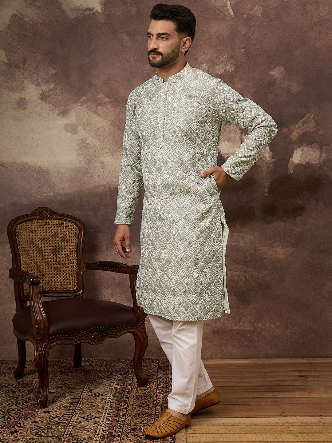 Ethnic Bay Men Green Viscose Rayon Solid Embroidered Straight Kurta with Trouser-MKSET1386