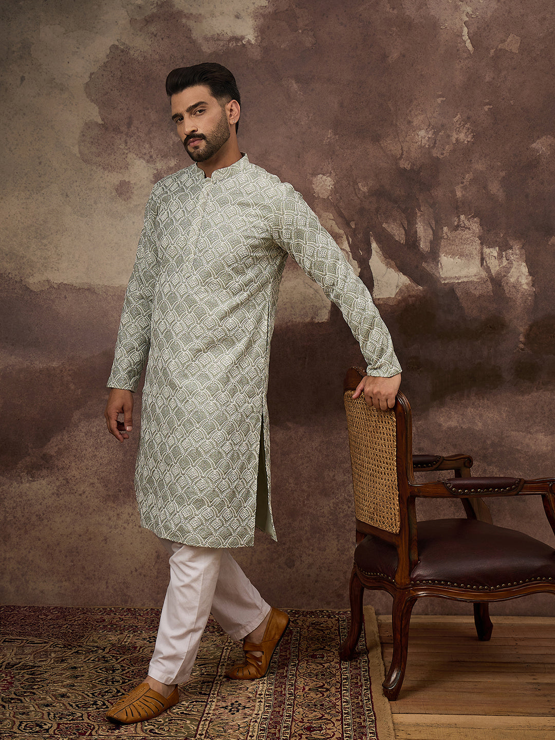 Ethnic Bay Men Green Viscose Rayon Solid Embroidered Straight Kurta with Trouser-MKSET1386