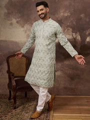 Ethnic Bay Men Green Viscose Rayon Solid Embroidered Straight Kurta with Trouser-MKSET1386