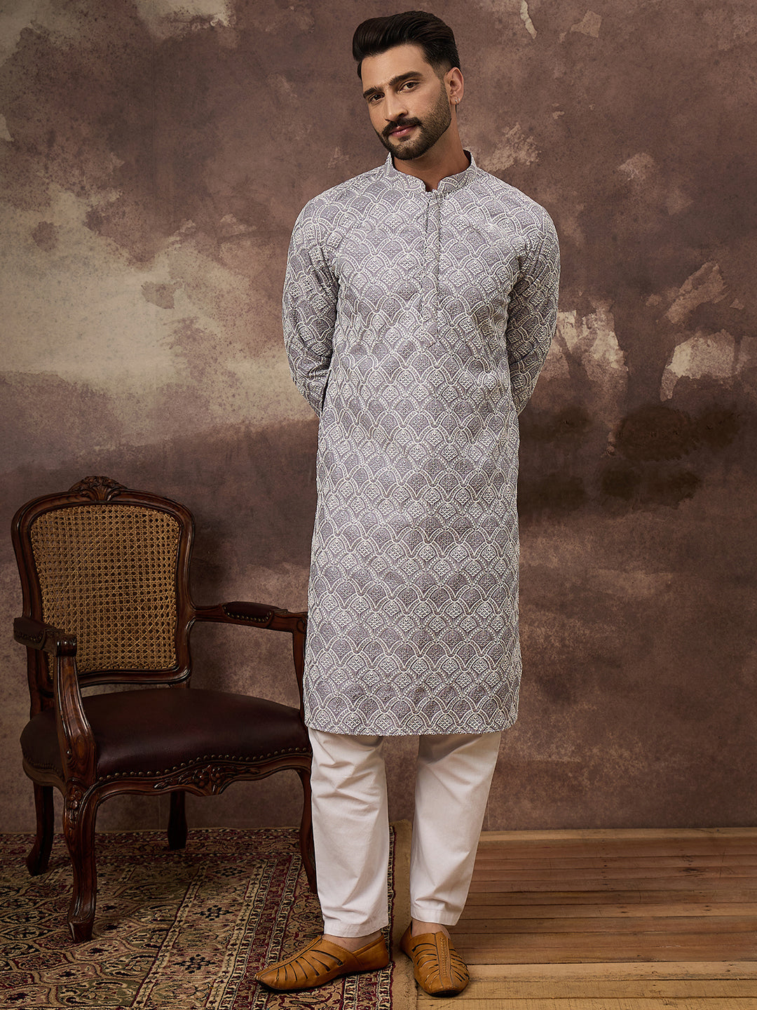 Ethnic Bay Men Lavender Viscose Rayon Solid Embroidered Straight Kurta with Trouser-MKSET1387