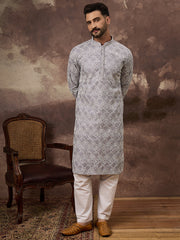 Ethnic Bay Men Lavender Viscose Rayon Solid Embroidered Straight Kurta with Trouser-MKSET1387