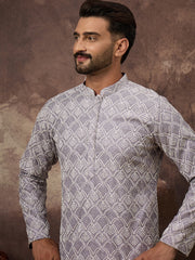 Ethnic Bay Men Lavender Viscose Rayon Solid Embroidered Straight Kurta with Trouser-MKSET1387