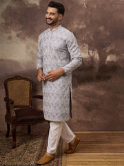 Ethnic Bay Men Lavender Viscose Rayon Solid Embroidered Straight Kurta with Trouser-MKSET1387