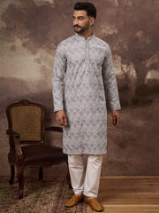 Ethnic Bay Men Lavender Viscose Rayon Solid Embroidered Straight Kurta with Trouser-MKSET1387