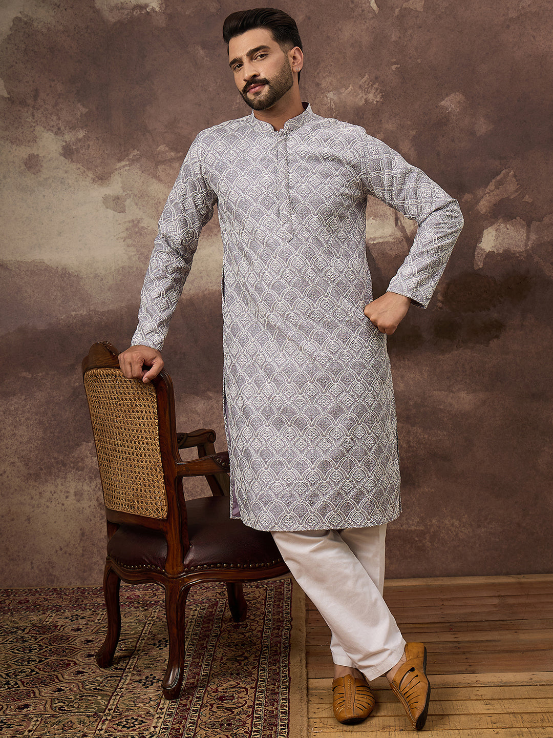 Ethnic Bay Men Lavender Viscose Rayon Solid Embroidered Straight Kurta with Trouser-MKSET1387