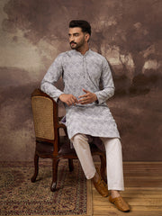 Ethnic Bay Men Lavender Viscose Rayon Solid Embroidered Straight Kurta with Trouser-MKSET1387