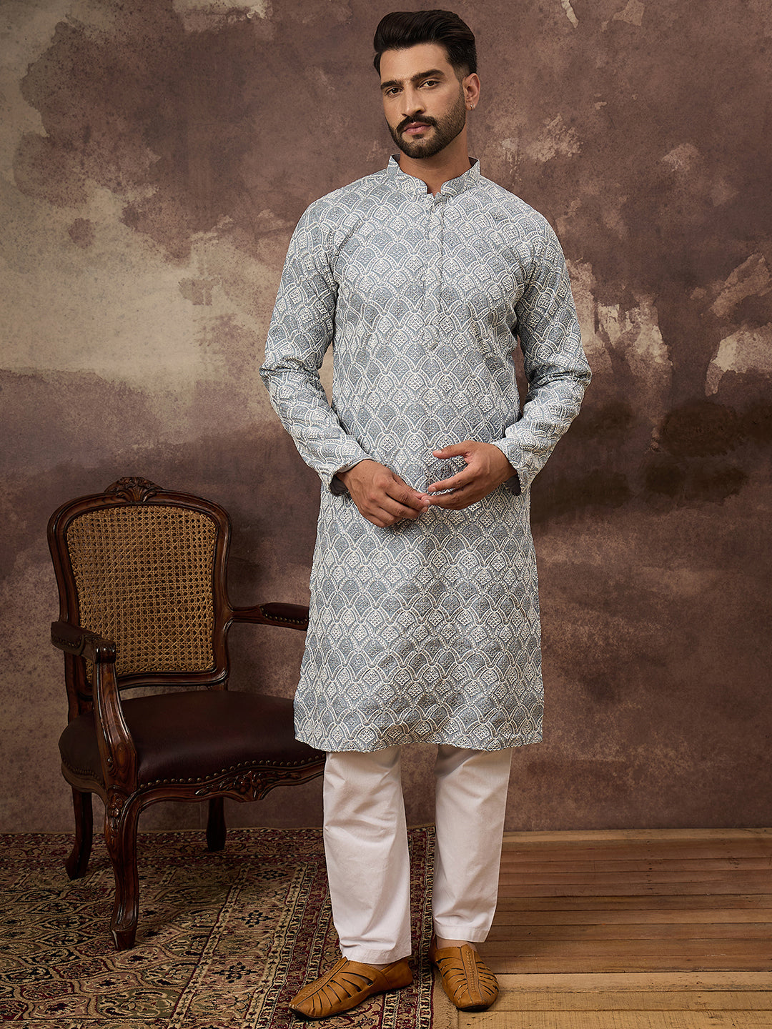 Ethnic Bay Men Blue Viscose Rayon Solid Embroidered Straight Kurta with Trouser-MKSET1388