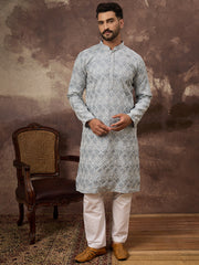 Ethnic Bay Men Blue Viscose Rayon Solid Embroidered Straight Kurta with Trouser-MKSET1388