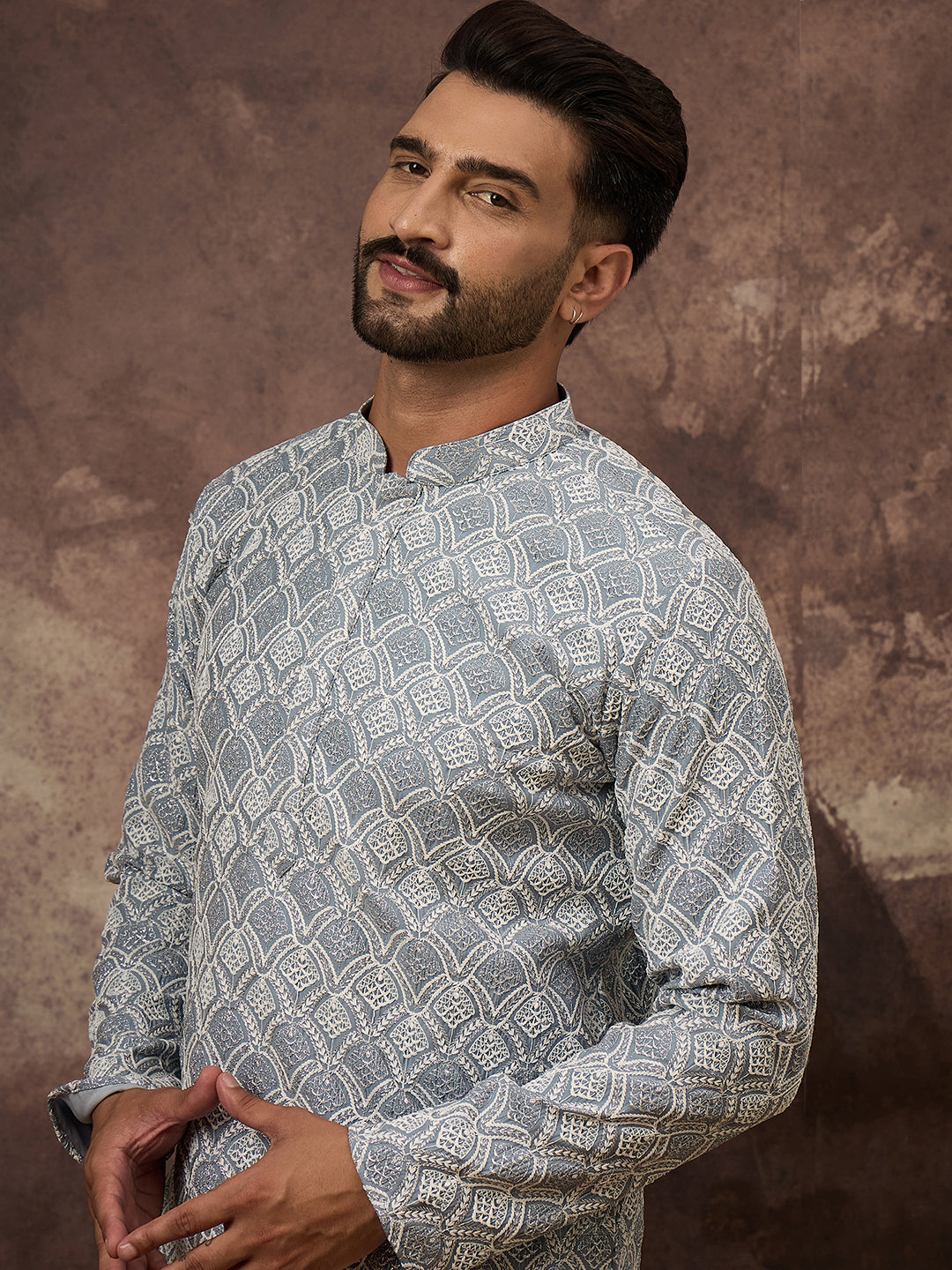 Ethnic Bay Men Blue Viscose Rayon Solid Embroidered Straight Kurta with Trouser-MKSET1388