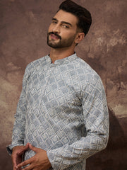 Ethnic Bay Men Blue Viscose Rayon Solid Embroidered Straight Kurta with Trouser-MKSET1388