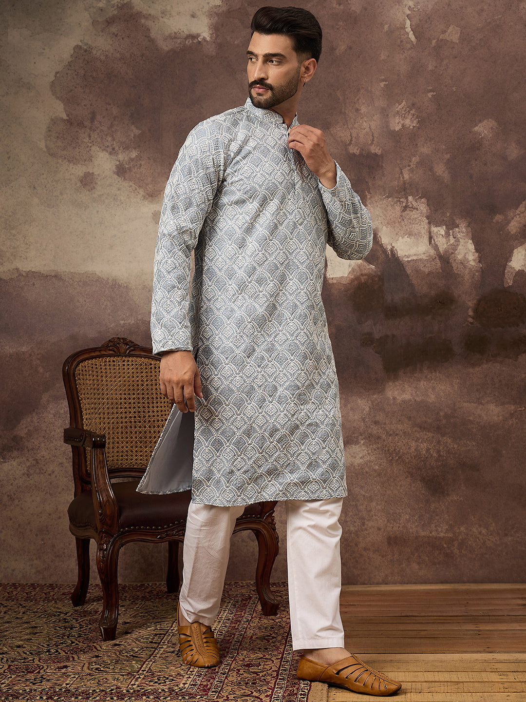 Ethnic Bay Men Blue Viscose Rayon Solid Embroidered Straight Kurta with Trouser-MKSET1388