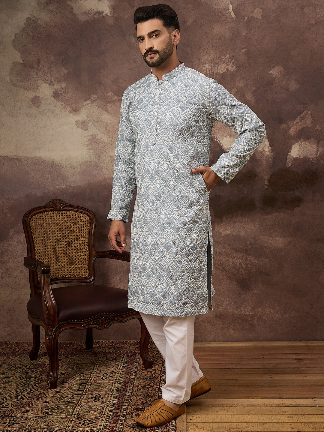 Ethnic Bay Men Blue Viscose Rayon Solid Embroidered Straight Kurta with Trouser-MKSET1388