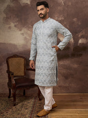 Ethnic Bay Men Blue Viscose Rayon Solid Embroidered Straight Kurta with Trouser-MKSET1388