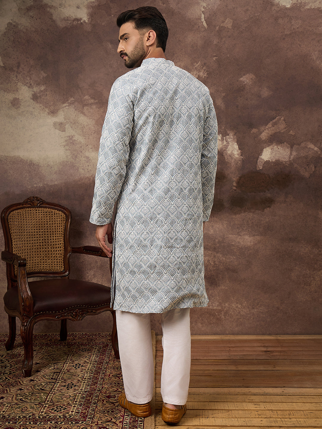 Ethnic Bay Men Blue Viscose Rayon Solid Embroidered Straight Kurta with Trouser-MKSET1388