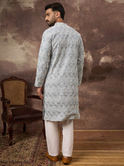 Ethnic Bay Men Blue Viscose Rayon Solid Embroidered Straight Kurta with Trouser-MKSET1388