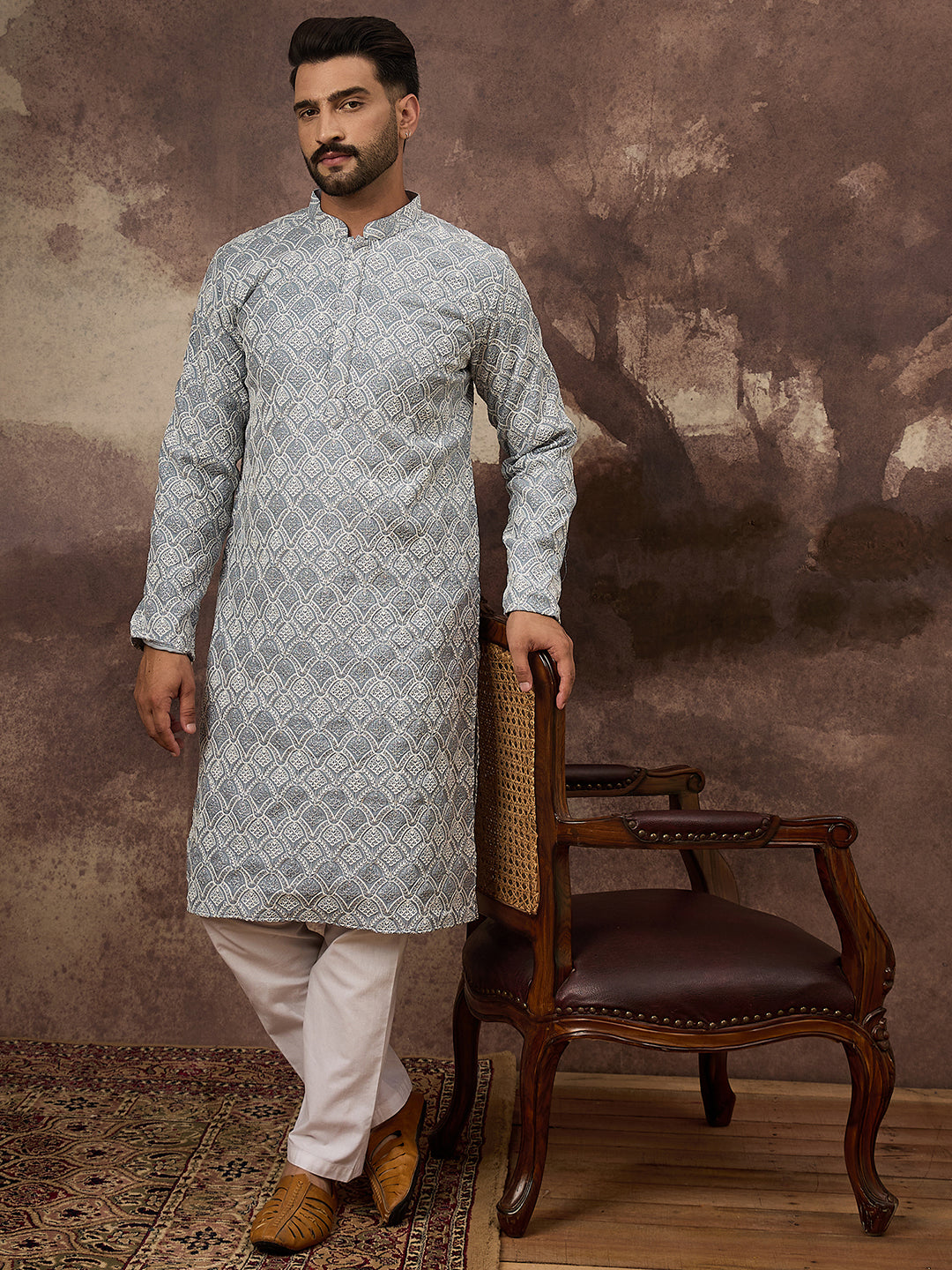 Ethnic Bay Men Blue Viscose Rayon Solid Embroidered Straight Kurta with Trouser-MKSET1388