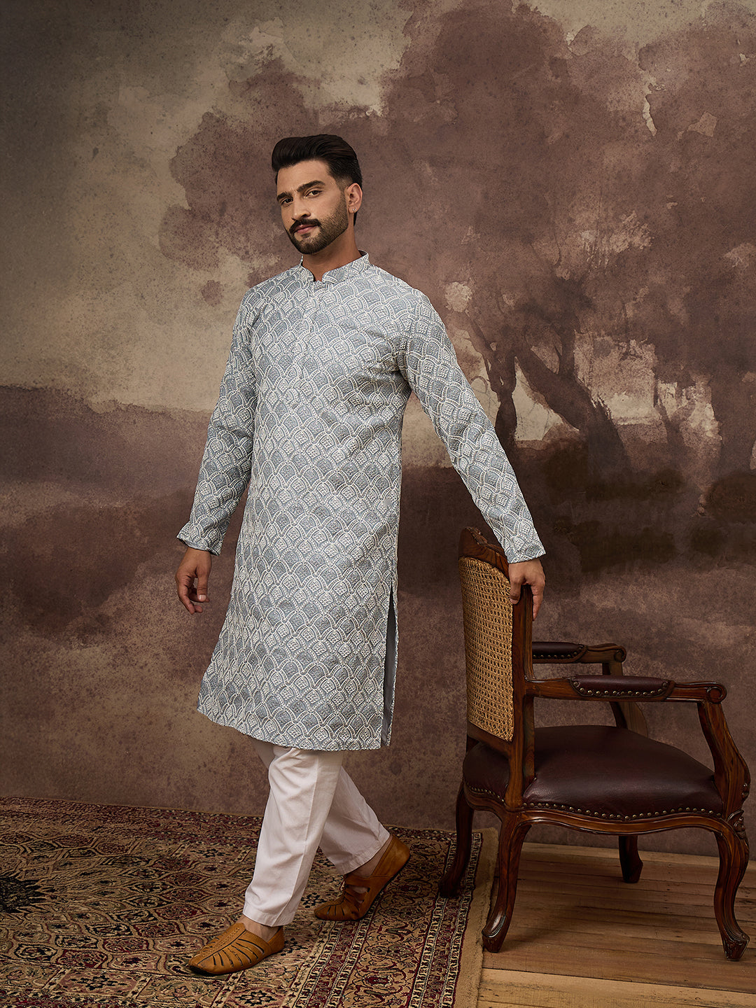 Ethnic Bay Men Blue Viscose Rayon Solid Embroidered Straight Kurta with Trouser-MKSET1388