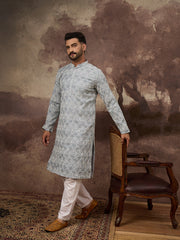 Ethnic Bay Men Blue Viscose Rayon Solid Embroidered Straight Kurta with Trouser-MKSET1388