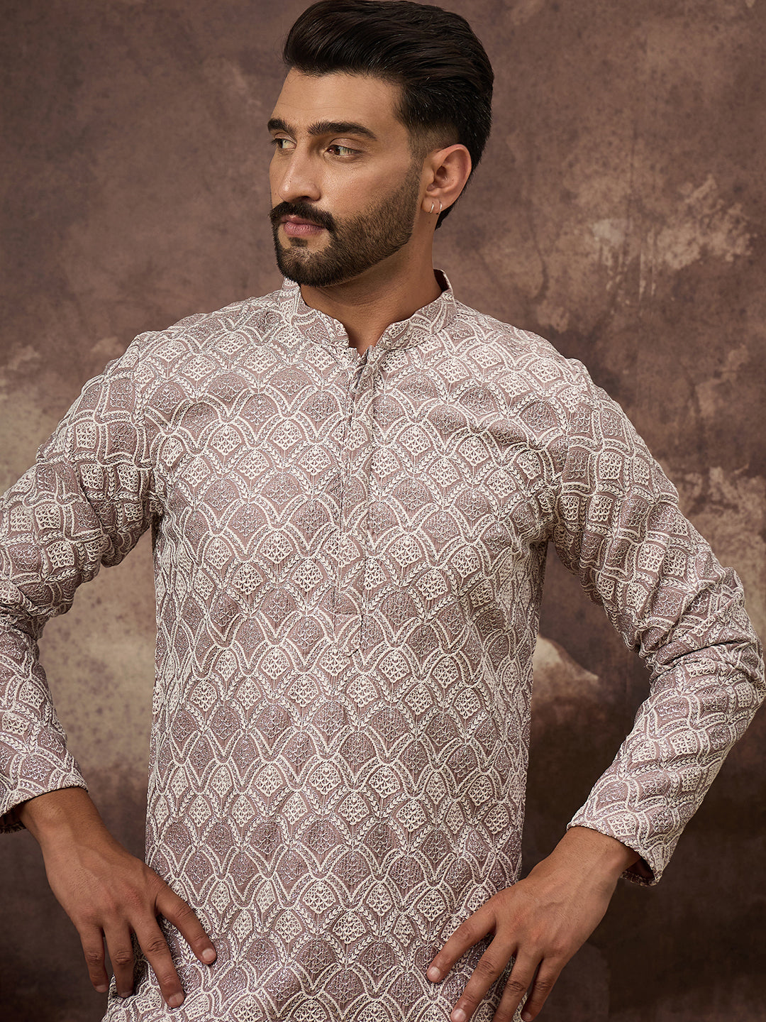 Ethnic Bay Men Mauve Viscose Rayon Solid Embroidered Straight Kurta with Trouser-MKSET1389