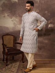 Ethnic Bay Men Mauve Viscose Rayon Solid Embroidered Straight Kurta with Trouser-MKSET1389