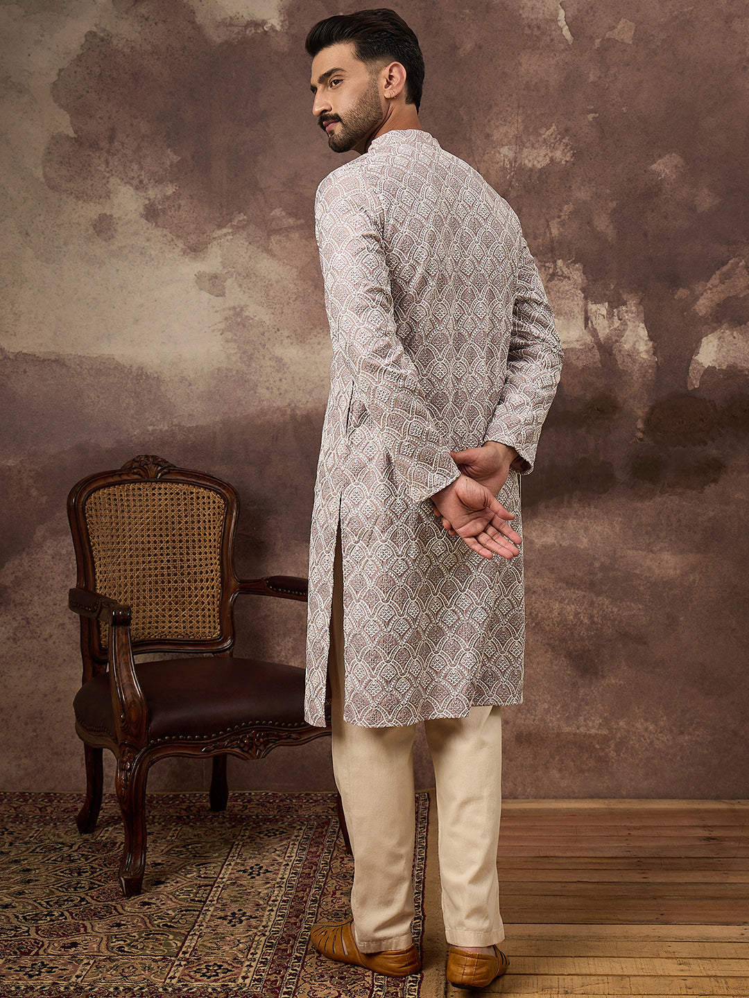 Ethnic Bay Men Mauve Viscose Rayon Solid Embroidered Straight Kurta with Trouser-MKSET1389