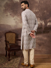 Ethnic Bay Men Mauve Viscose Rayon Solid Embroidered Straight Kurta with Trouser-MKSET1389