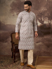 Ethnic Bay Men Mauve Viscose Rayon Solid Embroidered Straight Kurta with Trouser-MKSET1389