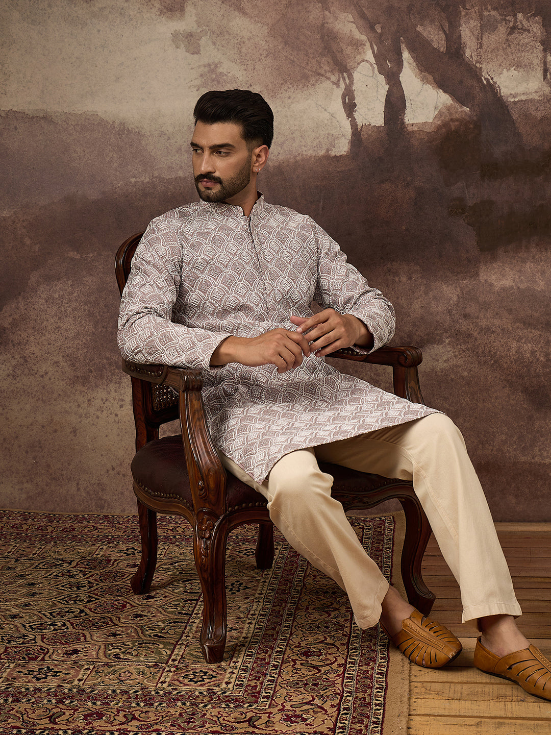 Ethnic Bay Men Mauve Viscose Rayon Solid Embroidered Straight Kurta with Trouser-MKSET1389
