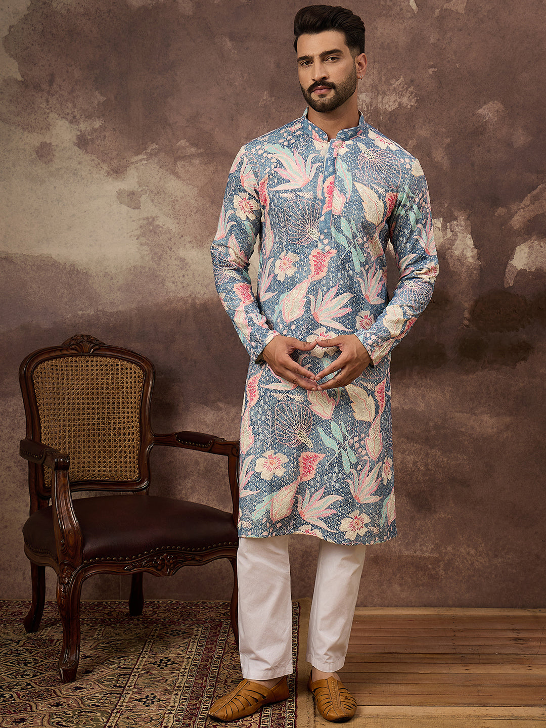 Ethnic Bay Men Blue Viscose Rayon Floral Embroidered Straight Kurta with Trouser-MKSET1429