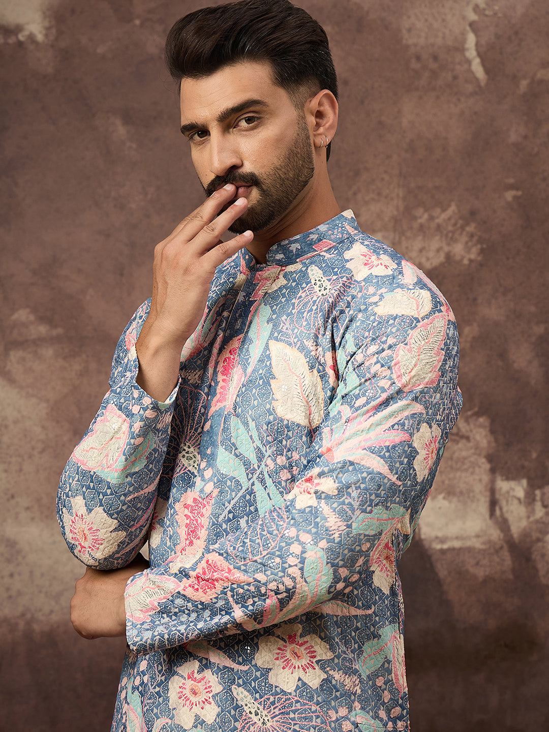 Ethnic Bay Men Blue Viscose Rayon Floral Embroidered Straight Kurta with Trouser-MKSET1429