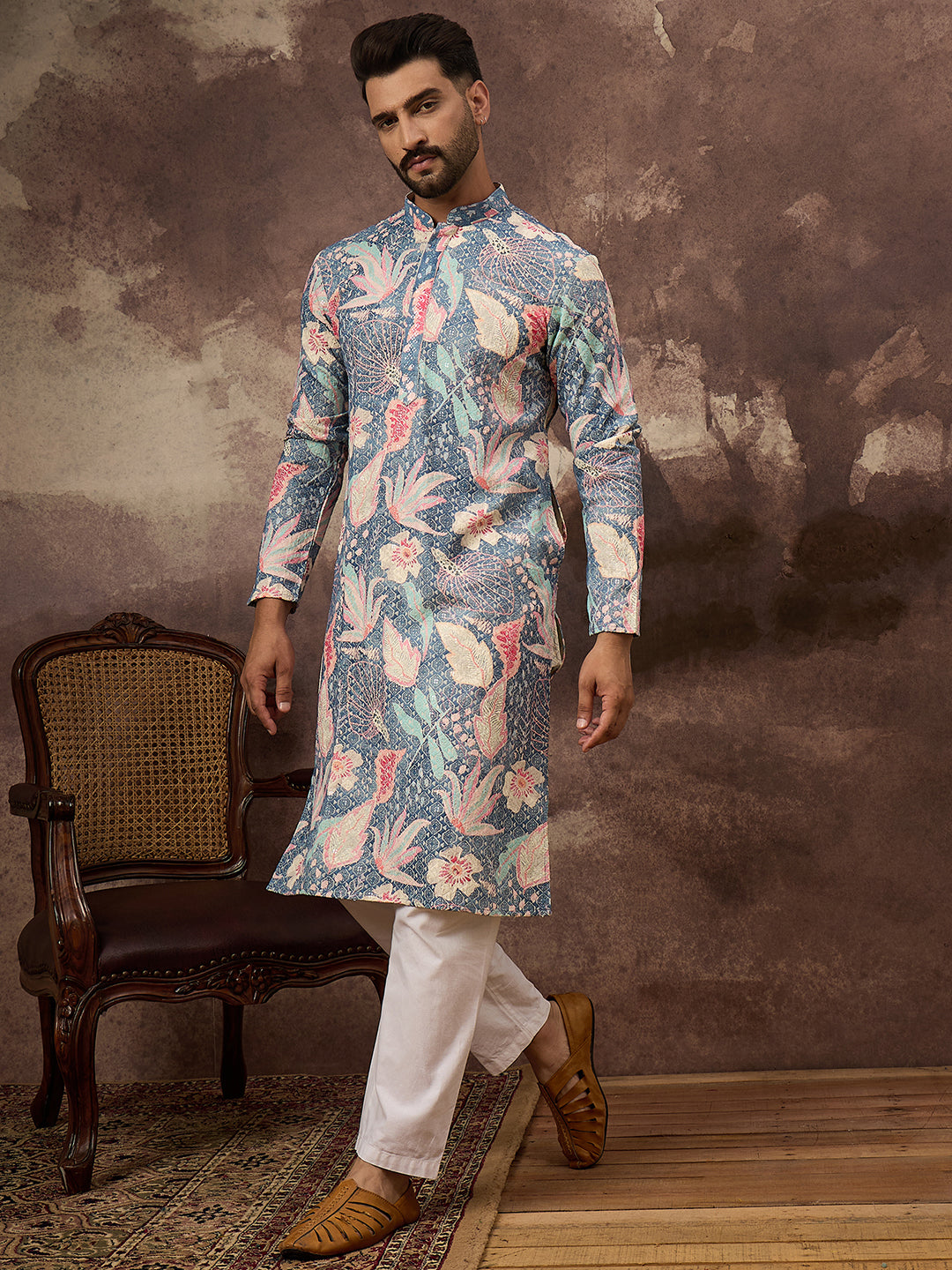 Ethnic Bay Men Blue Viscose Rayon Floral Embroidered Straight Kurta with Trouser-MKSET1429
