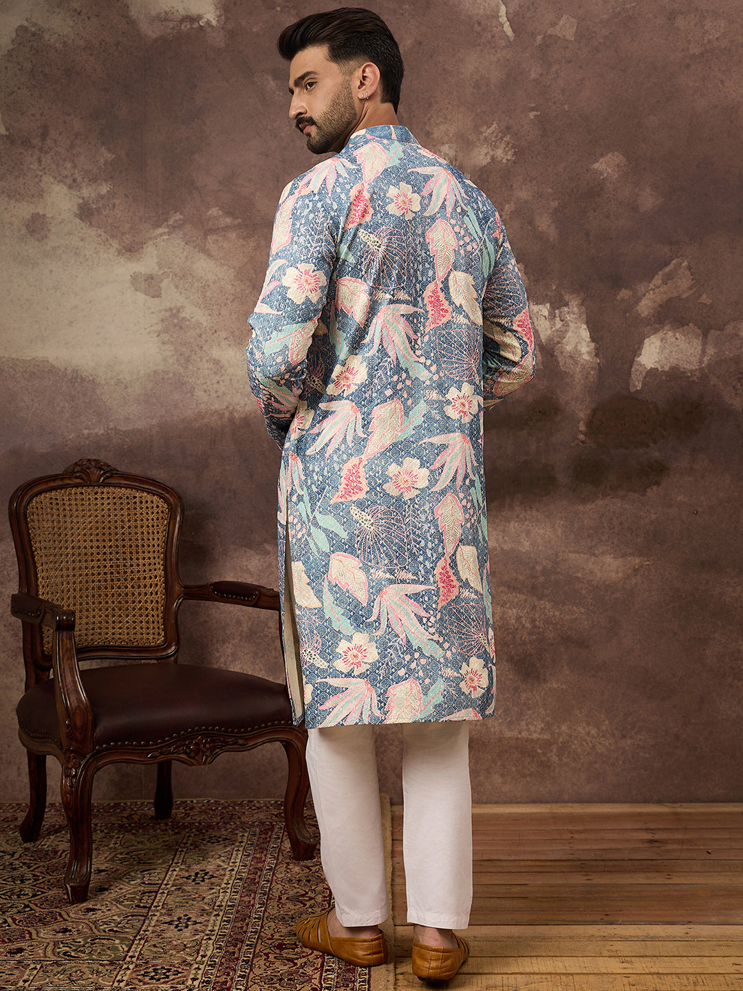 Ethnic Bay Men Blue Viscose Rayon Floral Embroidered Straight Kurta with Trouser-MKSET1429