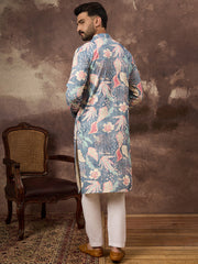 Ethnic Bay Men Blue Viscose Rayon Floral Embroidered Straight Kurta with Trouser-MKSET1429
