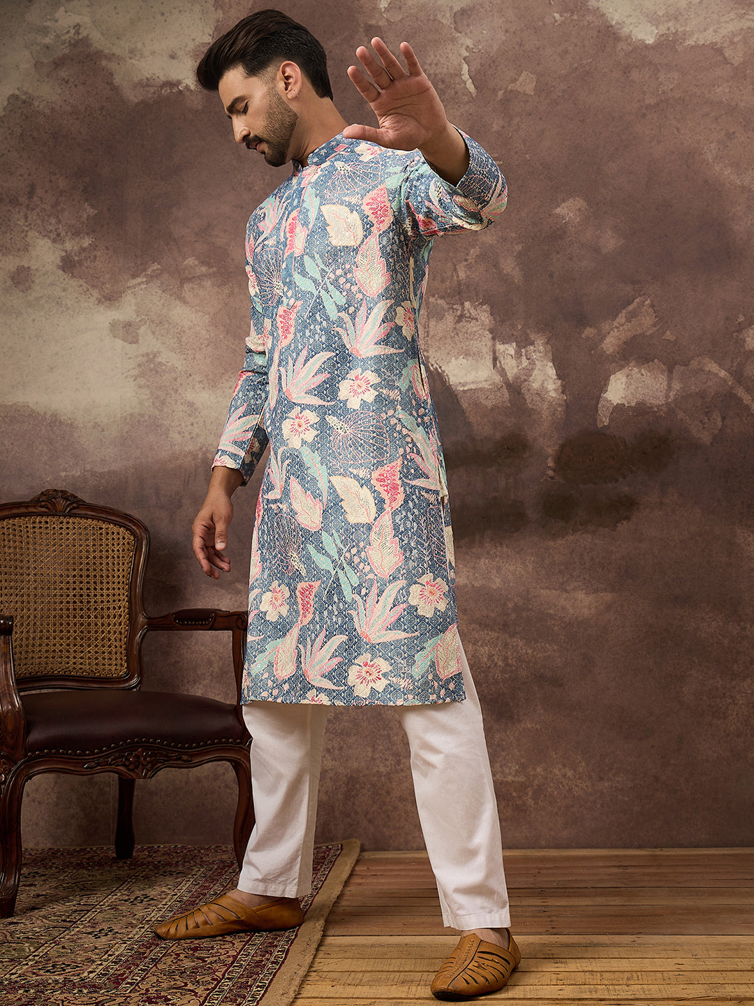 Ethnic Bay Men Blue Viscose Rayon Floral Embroidered Straight Kurta with Trouser-MKSET1429
