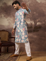 Ethnic Bay Men Blue Viscose Rayon Floral Embroidered Straight Kurta with Trouser-MKSET1429